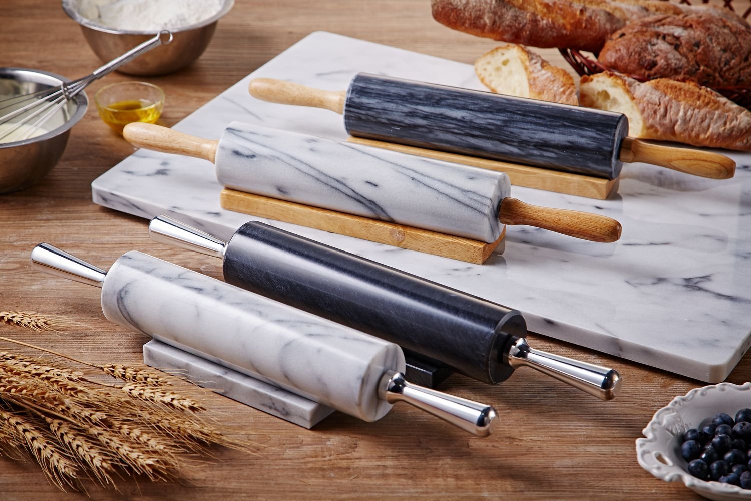 Jemarble Rolling Pin-Wooden Handles(White)(Premium Quality) Polished Surface 18-Inch(10''Barrel) Genuine Stone Non-Stick Save Ef